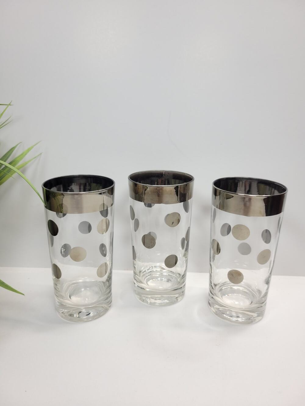 Vintage MCM Silver Polka Dot Highball Glasses Dorothy Thorpe Style Set of 3 12oz